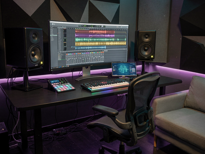 modern music studio with AI technology, futuristic digital audio workspace, vibrant purple and teal lighting