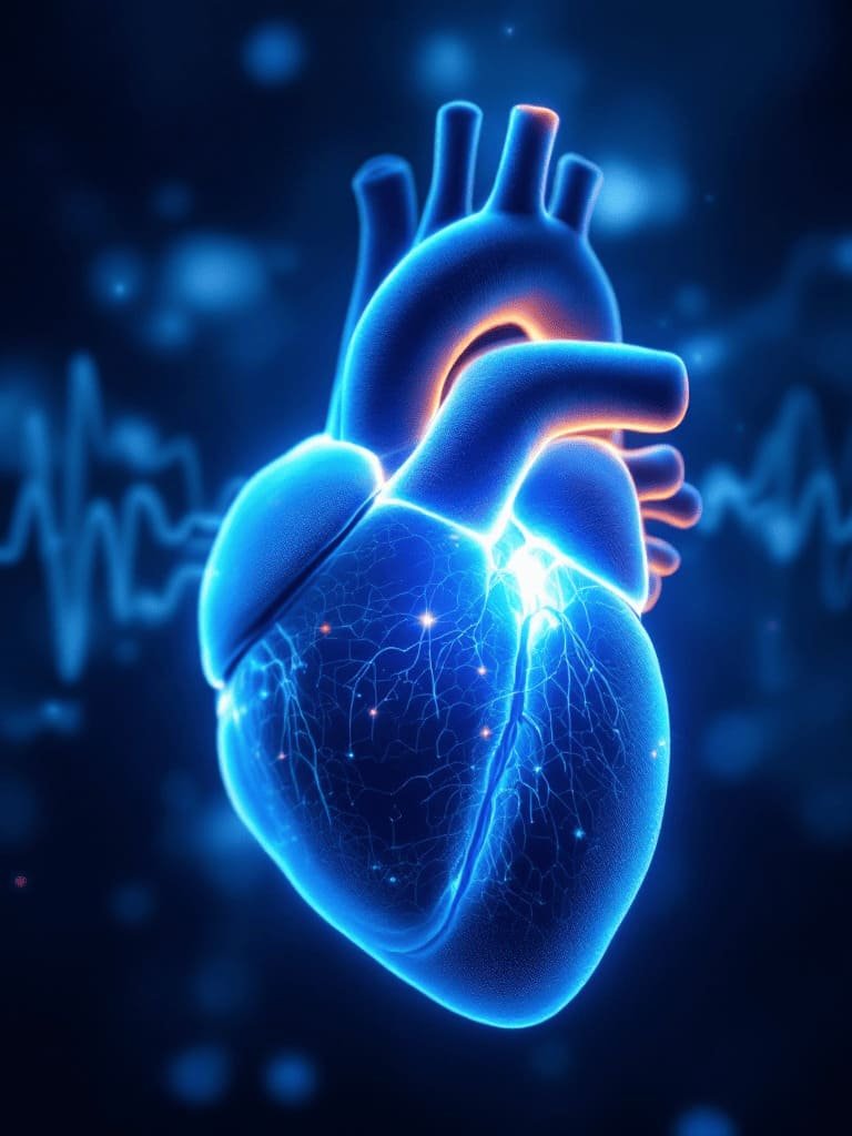 sound waves flowing into human heart glowing blue abstract scientific visualization