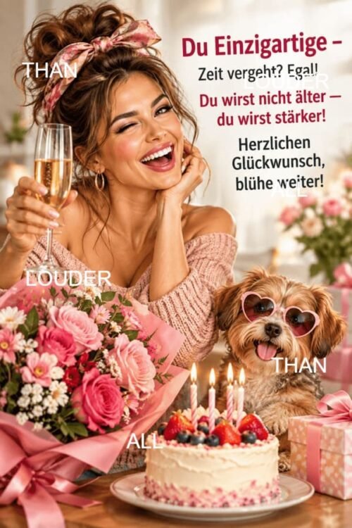 Herzlichen Glückwunsch mit Blumen und Kuchen