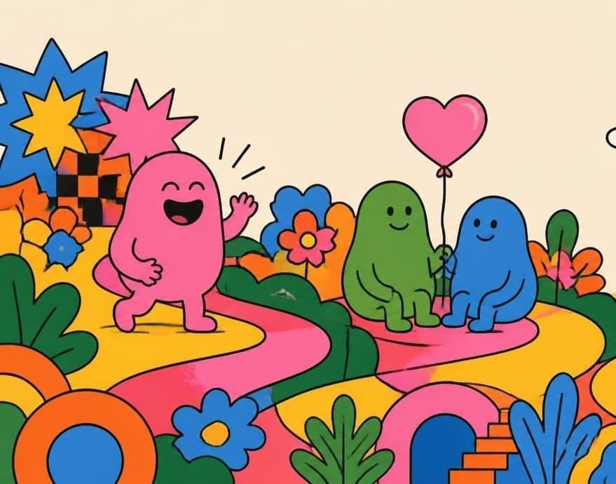 a laughing pink blob creature near comic shapes